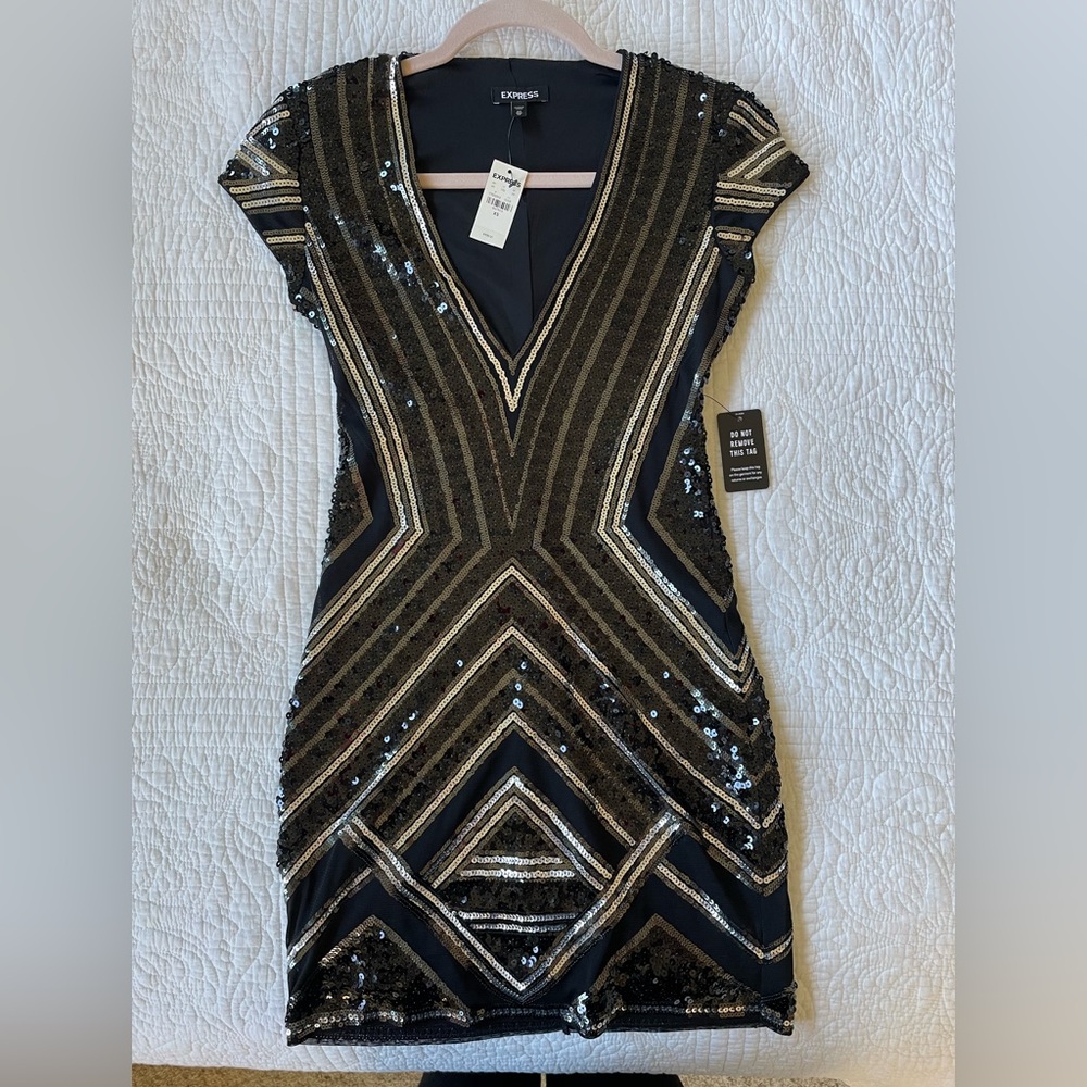 Express sequin dress, black, silver, size XS